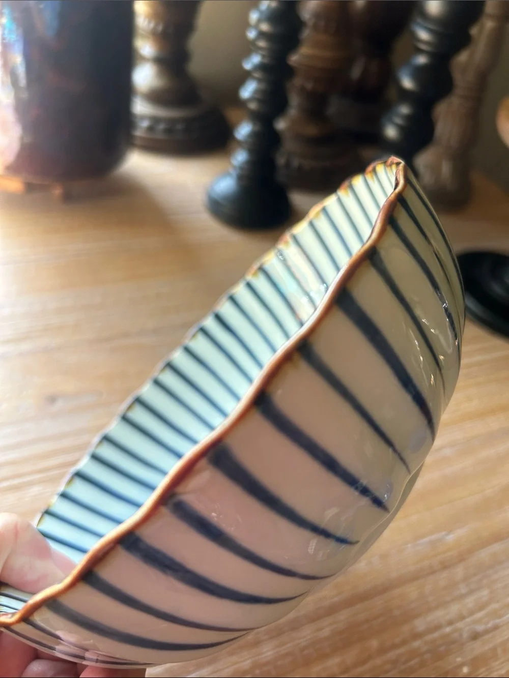 Vintage Japanese Tokusa Blue & White Fluted Ceramic Bowl.